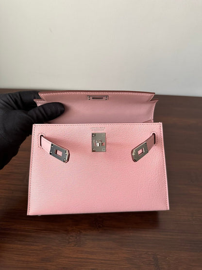 HERMES KELLY MINI 19 PINK CHEVRE SILVER HARDWARE