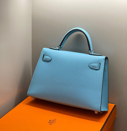 HERMES KELLY MINI 20 SKY BLUE EPSOM SILVER HARDWARE