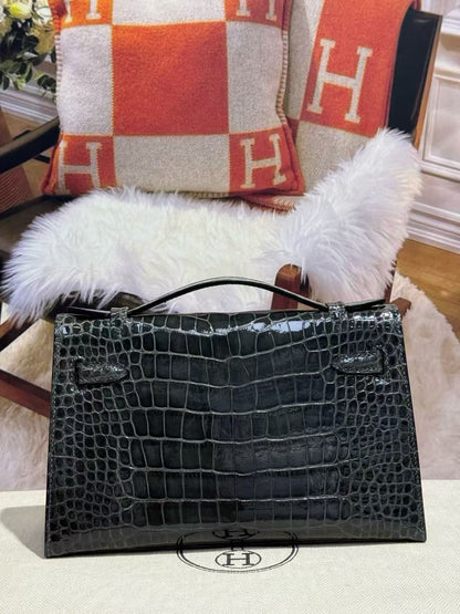 HERMES KELLY MINI 22 IN BLACK AMERICAN ALLIGATOR SILVER BUCKLE