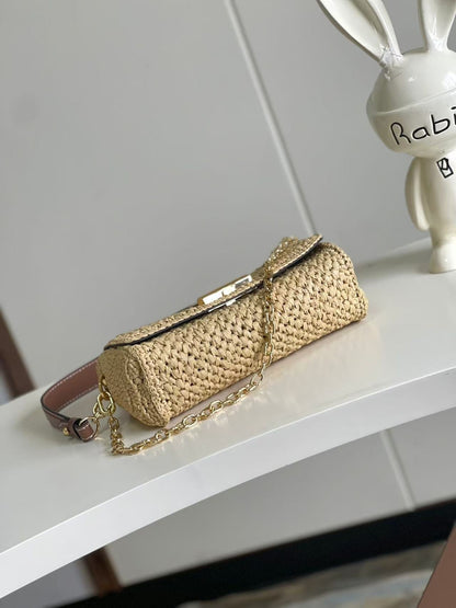 LOUIS VUITTON LV SHOULDER BAG 24 IN BEIGE WOVEN RAFFIA GOLD HARDWARE