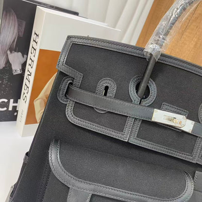 HERMES BIRKIN CARGO 35CM BLACK CANVAS AND LEATHER SILVER HARDWARE