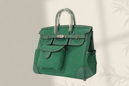 HERMES BIRKIN CARGO 25CM GREEN CANVAS AND LEATHER SILVER HARDWARE