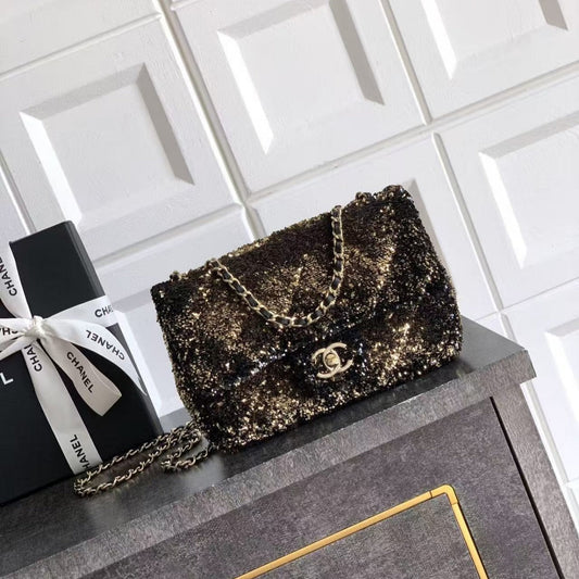 CHANEL 20 SEQUINS FLAP BAG IN BLACK MIX BROWN