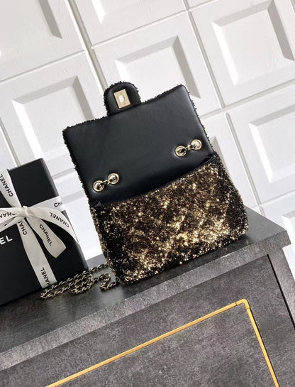 CHANEL 20 SEQUINS FLAP BAG IN BLACK MIX BROWN