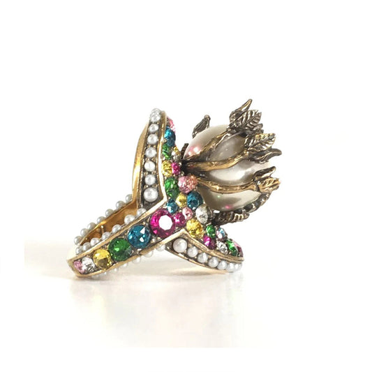 18K Double Gucci Multistone Pearl Ring