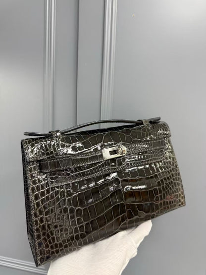 HERMES KELLY MINI 22 IN BROWN AMERICAN ALLIGATOR SILVER BUCKLE
