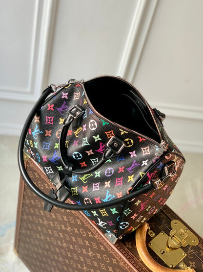 LOUIS VUITTON SPEEDY SOFT 30 IN COLORFUL MONOGRAM PATTERN AND BLACK COATED CANVAS