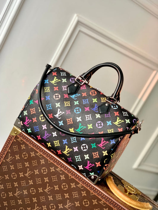 LOUIS VUITTON SPEEDY SOFT 30 IN COLORFUL MONOGRAM PATTERN AND BLACK COATED CANVAS