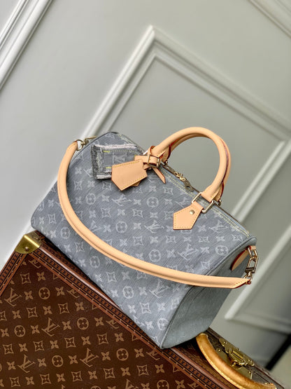 LOUIS VUITTON SPEEDY SOFT 30 IN GREY MONOGRAM DENIM LIGHT BROWN CALFSKIN