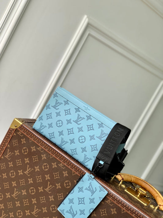 LOUIS VUITTON GASTON WEARABLE WALLET 22 IN SKY BLUE MONOGRAM SHADOW CALFSKIN EMBOSSED LOGO