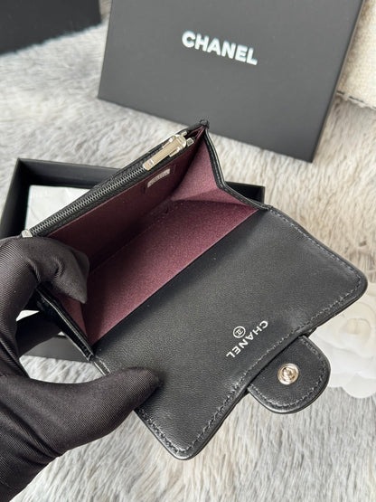 CHANEL 25S CLASSIC CARD HOLDER 11 IN BLACK LAMBSKIN SILVER HARDWARE