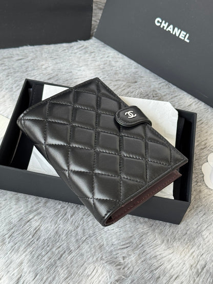 CHANEL 25S MULTI PURPOSE PASSPORT WALLET 15 IN BLACK LAMBSKIN SILVER HARDWARE