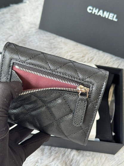 CHANEL 25S CF SMALL TRI FOLD WALLET 11 IN BLACK CAVIAR SILVER HARDWARE