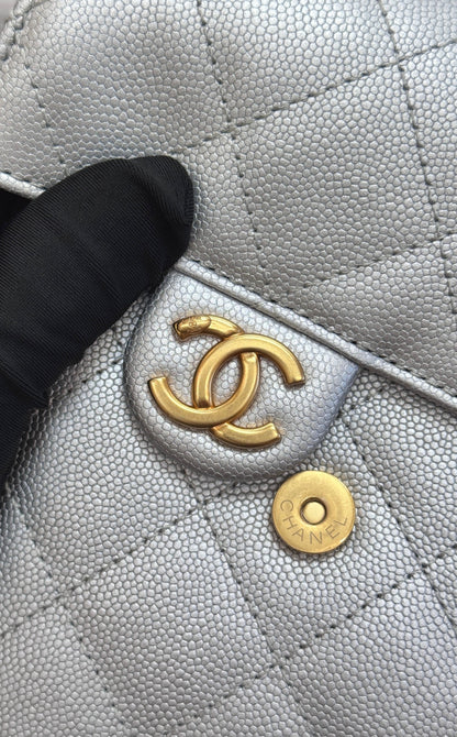 CHANEL 25S HOBO BAG 30 IN SILVER CAVIAR WITH GOLD HARDWARE
