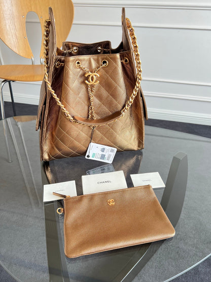 CHANEL 25S HOBO BAG 40 IN METALLIC BROWN CAVIAR WITH GOLD HARDWARE