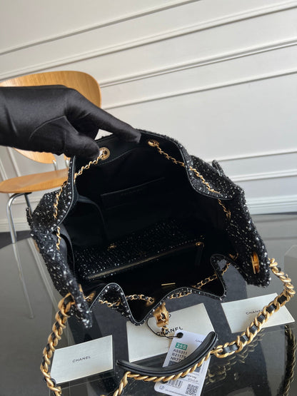 CHANEL 25S HOBO BAG 40 IN BLACK TWEED WITH GOLD HARDWARE