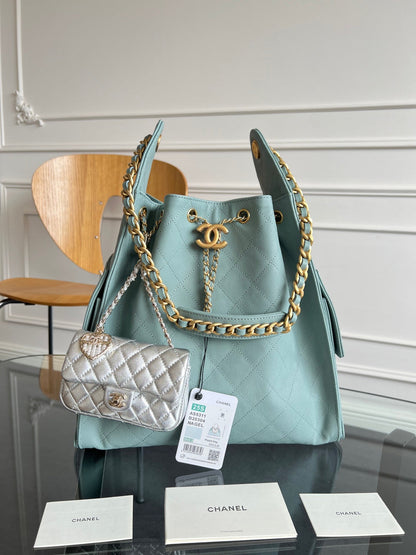 CHANEL 25S HOBO BAG 40 IN SOFT TEAL BLUE CAVIAR WITH GOLD HARDWARE