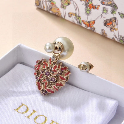 18K Dior Tribales Red Flower Heart Faux Pearl Earrings