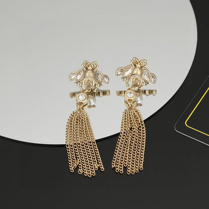 18K Double Gucci Bee Tassel Crystal Earrings