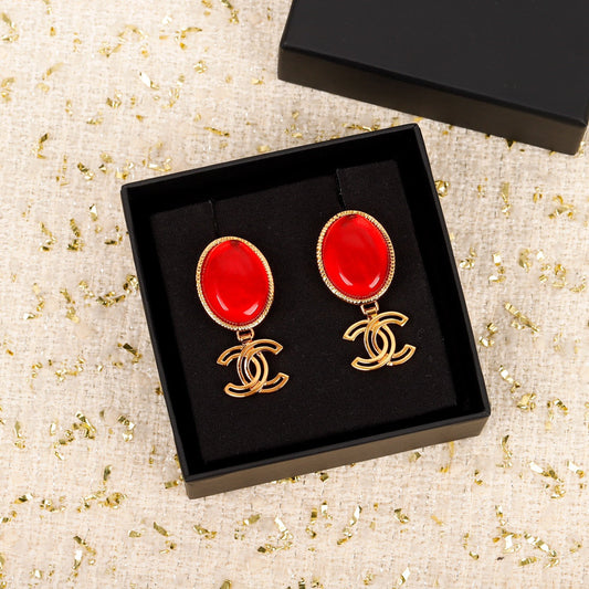 18K  Chanel Red Crystal Pendant Earrings