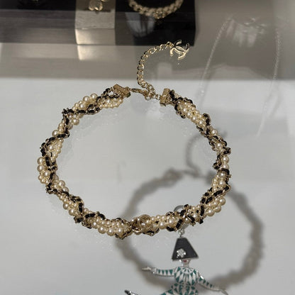 18K  Chanel Pearl Leather Choker Necklace
