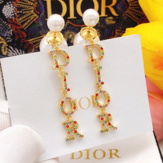 18K Dior Color Crystal Script Earrings