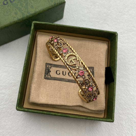 18K Double Gucci Red Crystal Flower Cuff Bracelet