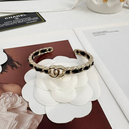 18K  Chanel Black Leather Cuff Bracelet