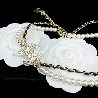 18K  Chanel Pearl Chain Leather Necklace