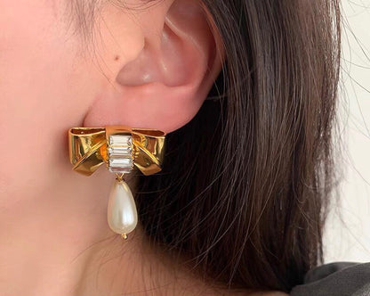 18K Celine Butterfly Pearl Pendant Earrings