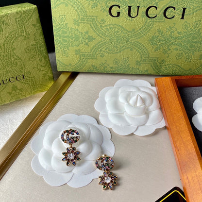 18K Double Gucci Flower Pendant Earrings