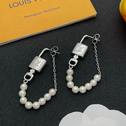 18K Louis Vuitton Pearl Lock Gold Earrings