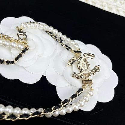 18K  Chanel Pearl Chain Leather Necklace