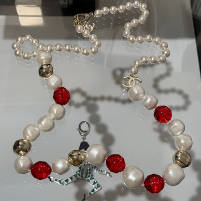 18K  Chanel Red Crystal Pearl Necklace