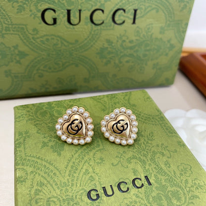 18K Double Gucci Heart Pearl Earrings
