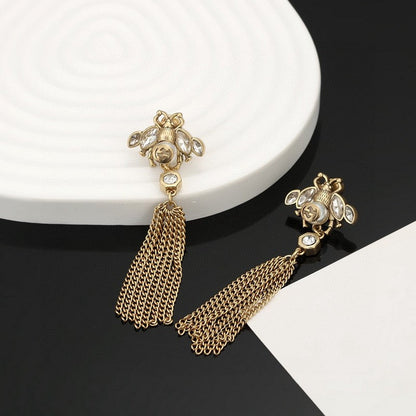 18K Double Gucci Bee Tassel Crystal Earrings