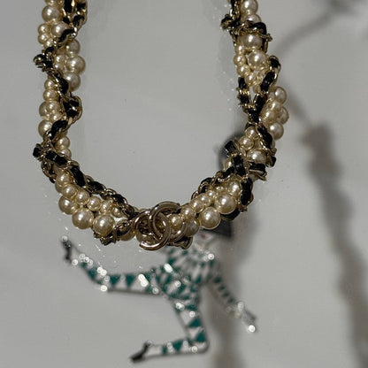 18K  Chanel Pearl Leather Choker Necklace
