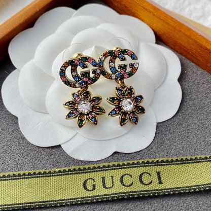 18K Double Gucci Flower Pendant Earrings
