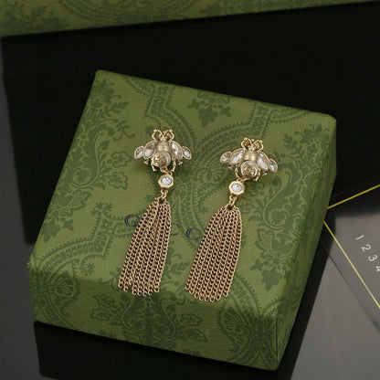 18K Double Gucci Bee Tassel Crystal Earrings