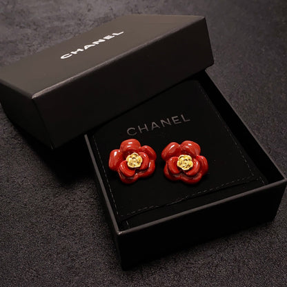 18K  Chanel Red Camellia Resin Earrings