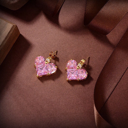 18K Celine Pink Crystal Heart Earrings