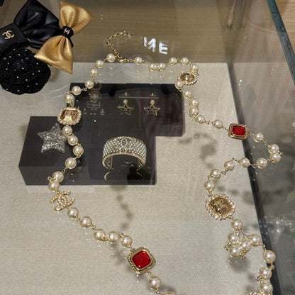18K  Chanel Long Pearl Red Crystals Necklace