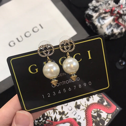 18K Double Gucci Pearl Pendant Earrings