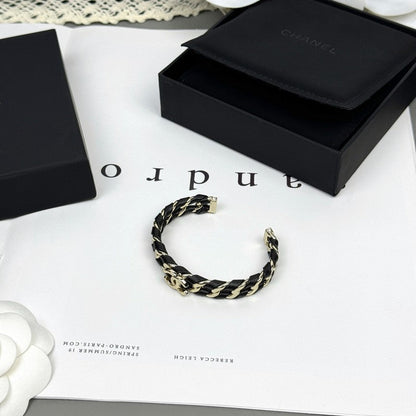 18K  Chanel 26C Black Leather Cuff Bracelet