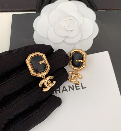 18K  Chanel Pendant Leather Earrings