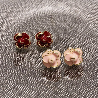 18K  Chanel Red & Pink Camellia Earrings