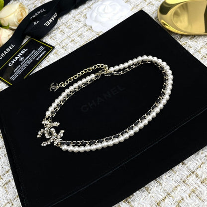 18K  Chanel Pearl Chain Leather Necklace