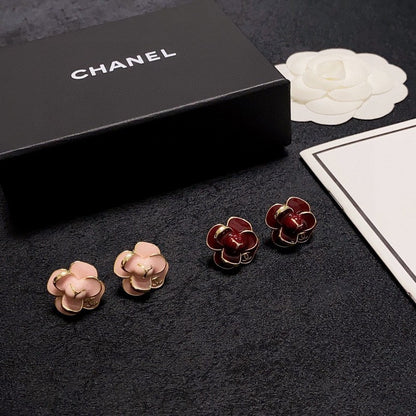 18K  Chanel Red & Pink Camellia Earrings