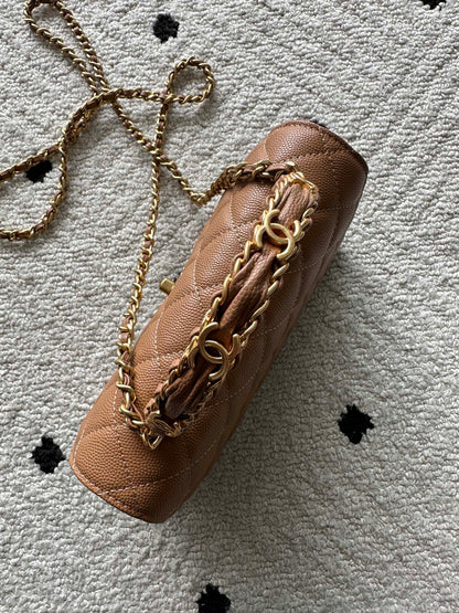 CHANEL 25S CLASSIC WALLET ON CHAIN 19 IN BROWN LAMBSKIN WITH GOLD HARDWARE