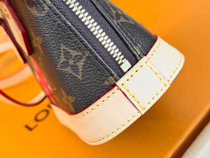LOUIS VUITTON LV 25S NANO ALMA 18 IN DARK BROWN CANVAS MONOGRAM CHERRY PRINT GOLD HARDWARE